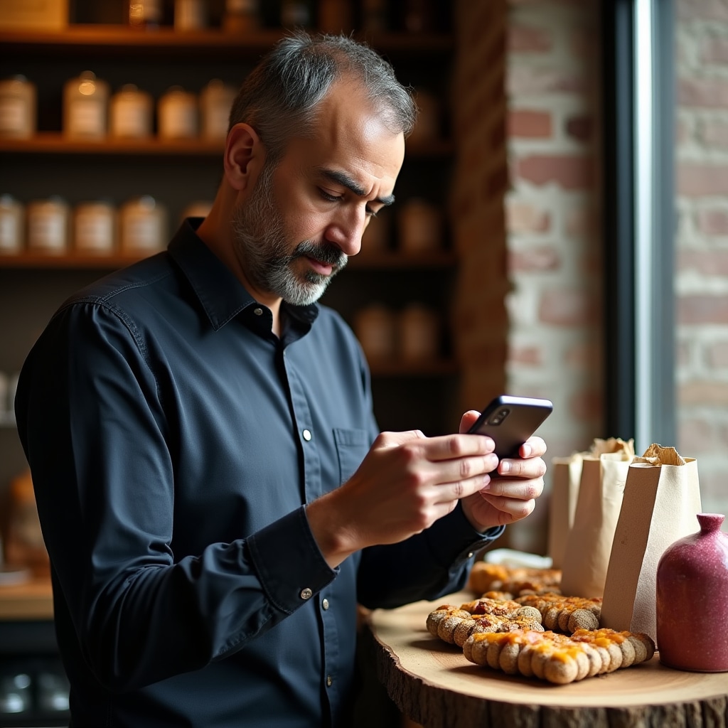 Unternehmerin fotografiert ihr Produkt mit dem Smartphone in ihrem Laden