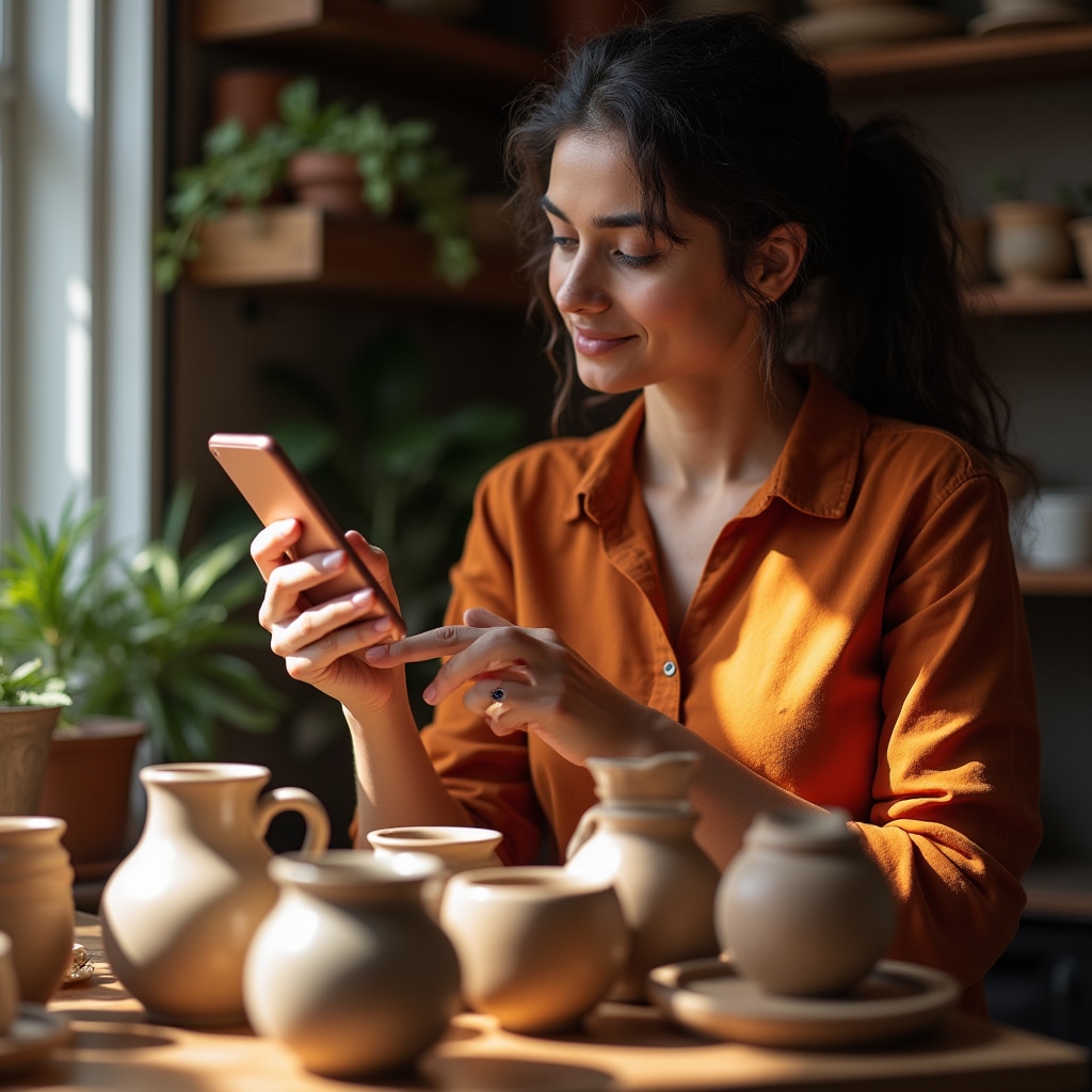 Kleinunternehmer fotografiert Produkte mit dem Smartphone für seinen Onlineshop